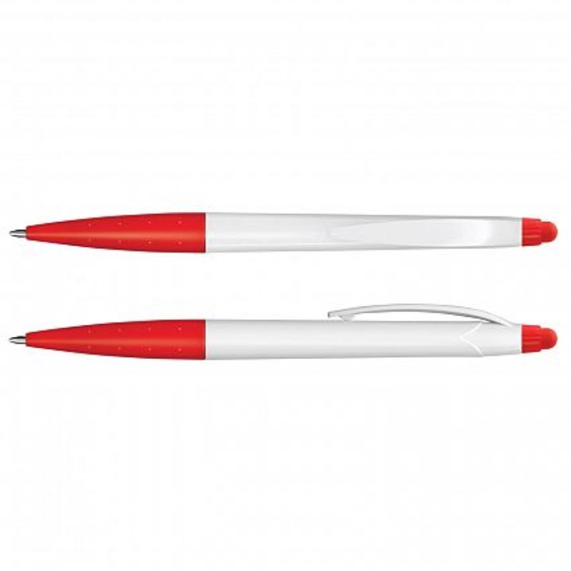 Set of 100 white and red stylus pens designed for writing and touchscreen use, featuring twist action and high-quality black refills.