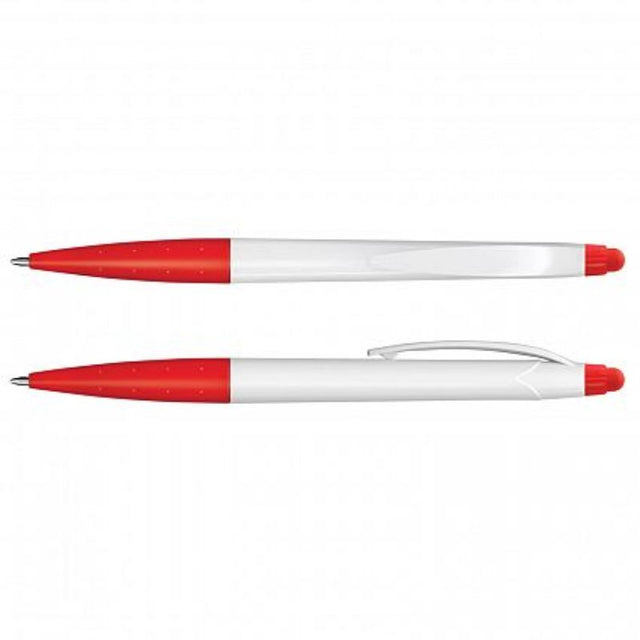 Set of 100 white and red stylus pens designed for writing and touchscreen use, featuring twist action and high-quality black refills.