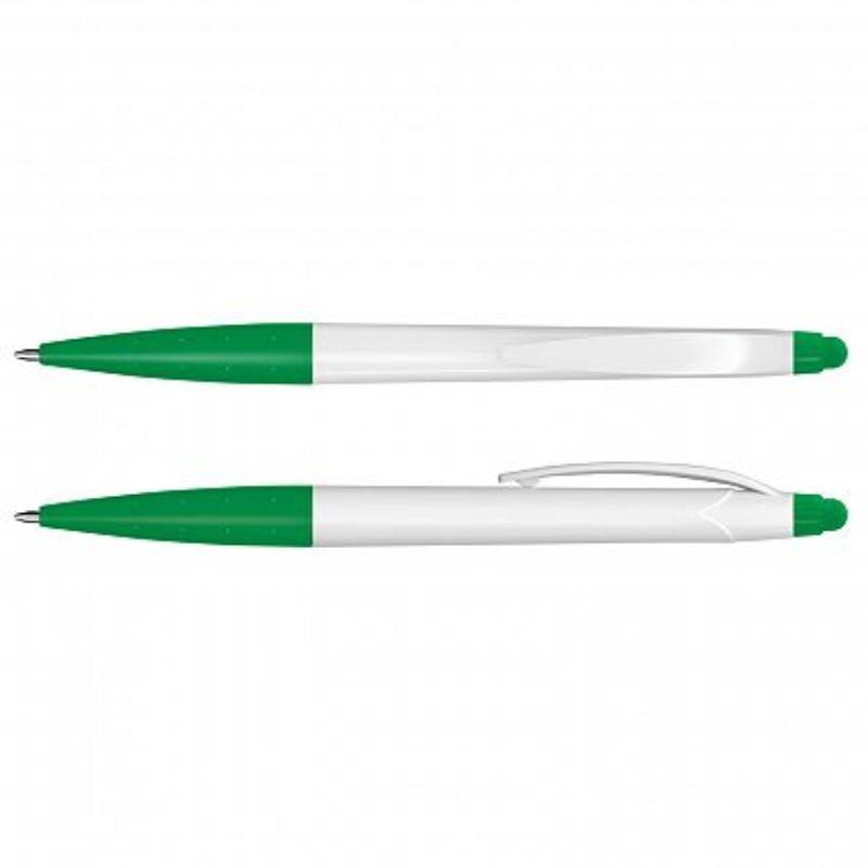 Set of 100 Spark Stylus Pens in white and green, featuring a twist-action design and touch screen compatibility.