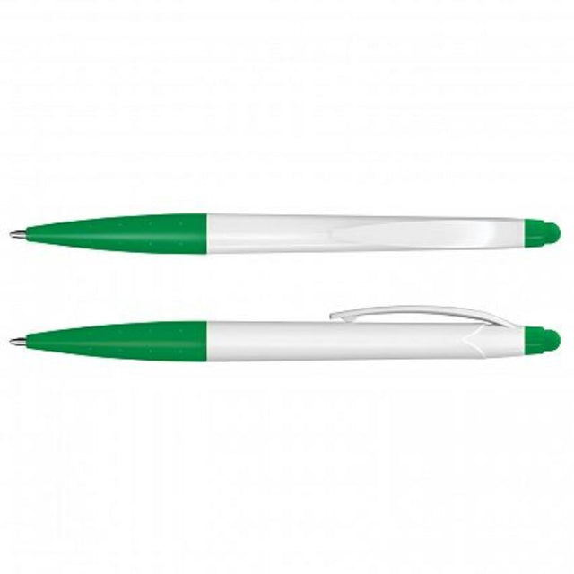 Set of 100 Spark Stylus Pens in white and green, featuring a twist-action design and touch screen compatibility.