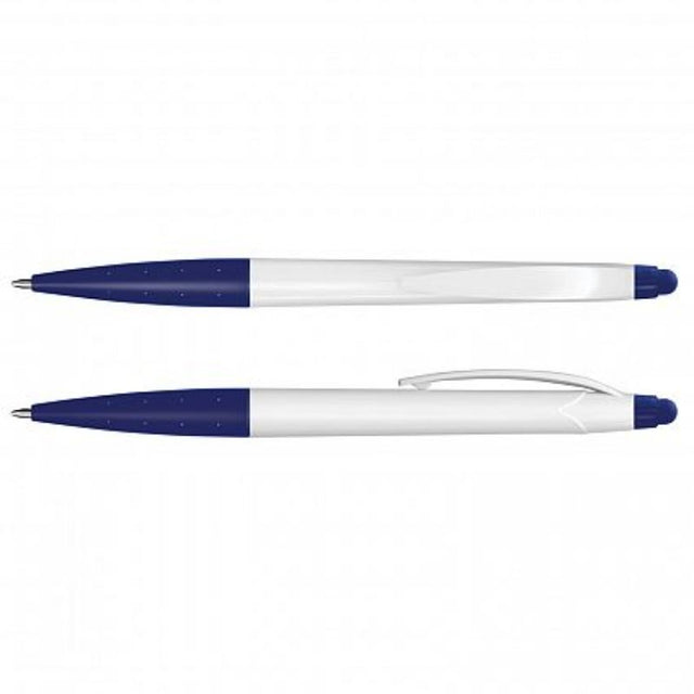Set of 100 Spark Stylus Pens in white and dark blue with twist-action, touchscreen stylus, smooth black ink refill.