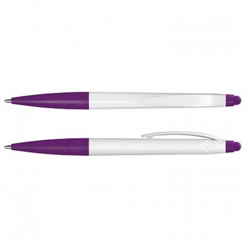 White and purple Spark Stylus Pen set of 100, featuring twist action, rubber stylus tip, and smooth black ink refill.
