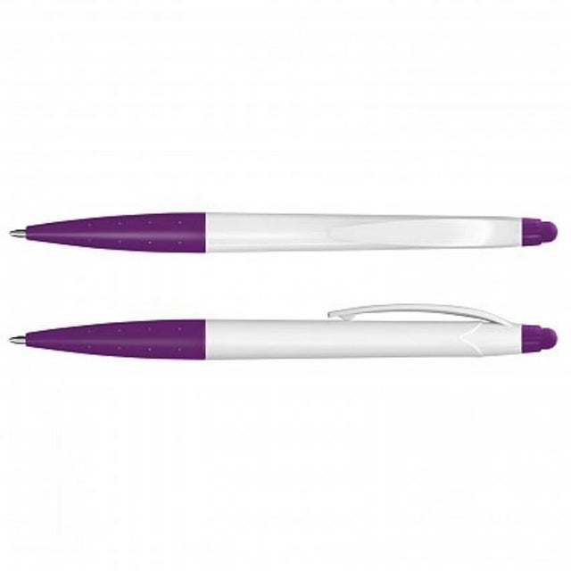 White and purple Spark Stylus Pen set of 100, featuring twist action, rubber stylus tip, and smooth black ink refill.