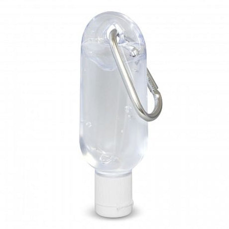 Clear 30ml hand sanitiser tubes with carabiner clips, perfect for hygiene on-the-go; set of 30 for convenient bulk use.