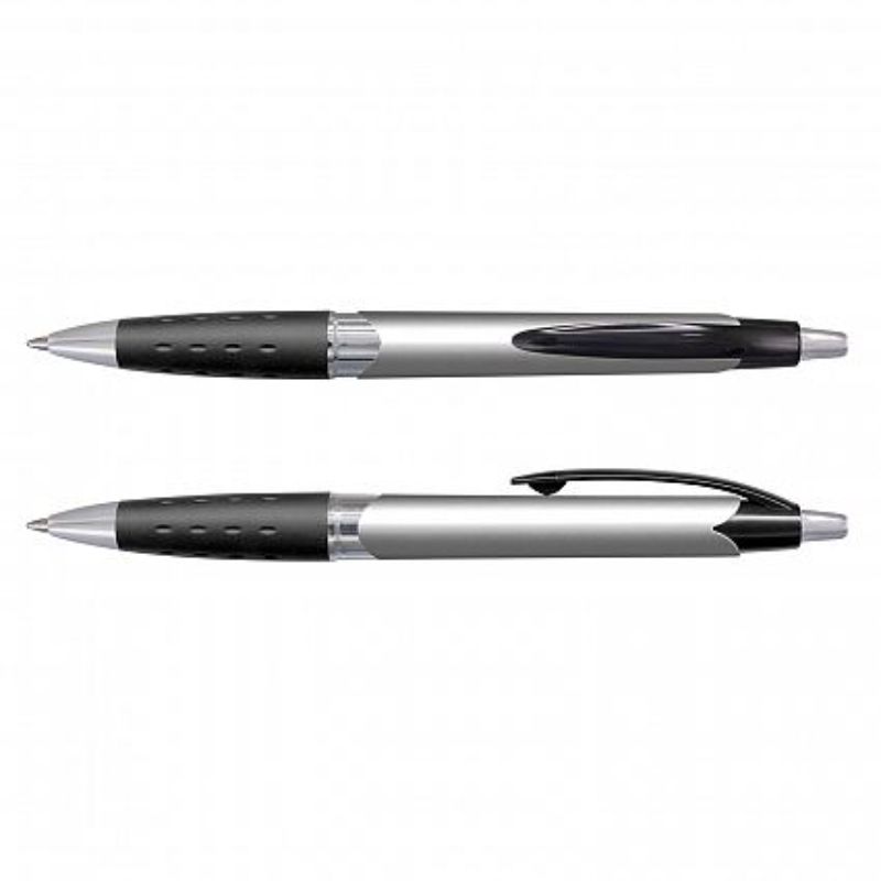 Set of 100 sleek silver retractable ballpoint pens with soft rubber grips and blue ink refills for comfortable writing.