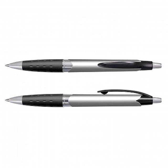 Set of 100 sleek silver retractable ballpoint pens with soft rubber grips and blue ink refills for comfortable writing.