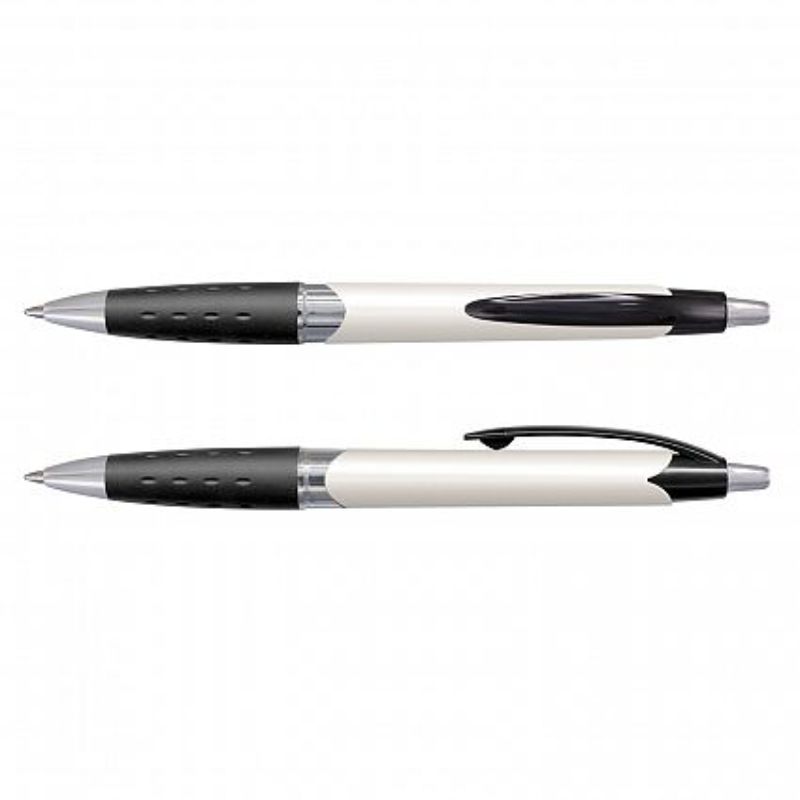 Set of 100 white Vista pens featuring a retractable design, rubber grip, and 1200m blue ink refill for smooth writing.