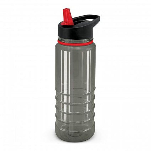 Set of 12 black and red Triton Elite 750ml bottles with BPA-free design, screw lid, and flip-out straw for easy hydration.