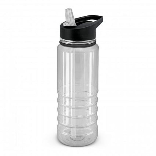 Set of 12 Triton Elite clear bottles, 750ml each, BPA-free, with screw lid, handle, straw, and decorative silicone ring.