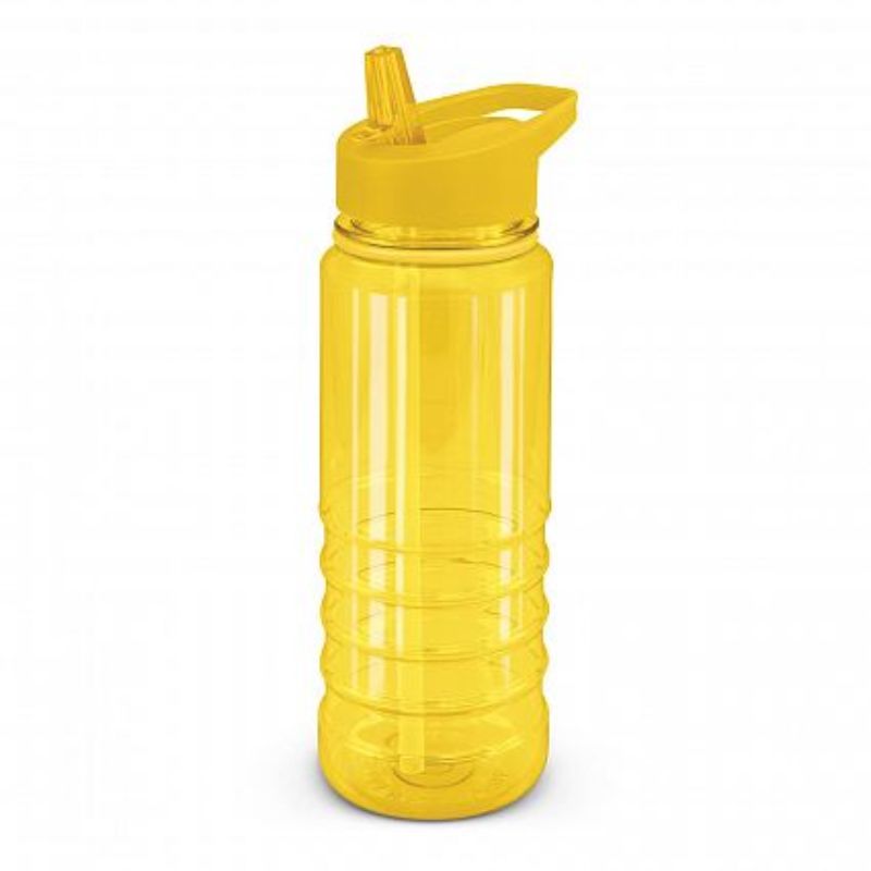 Set of 12 vibrant yellow 750ml Triton Elite Bottles with secure lid, carry handle, and flip-out straw for easy hydration.