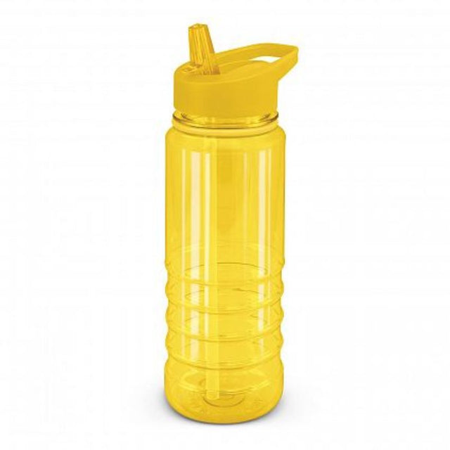 Set of 12 vibrant yellow 750ml Triton Elite Bottles with secure lid, carry handle, and flip-out straw for easy hydration.