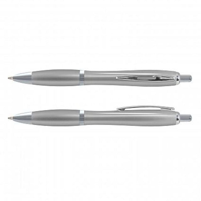 Set of 100 elegant silver Vistro retractable pens with chrome trim and high-quality German ink for smooth writing.