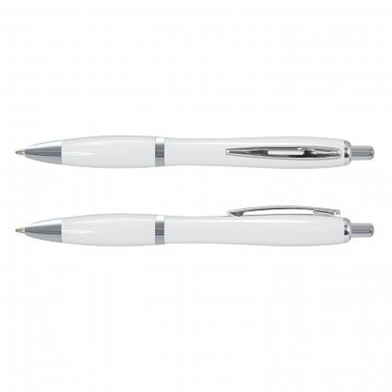 Set of 100 elegant white Vistro pens with chrome trim, featuring smooth high-volume Dokumental ink for quality writing.