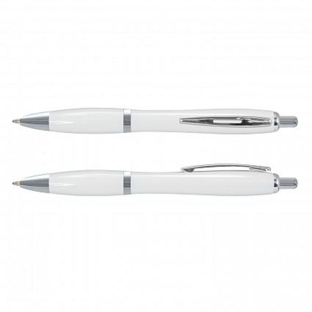 Set of 100 elegant white Vistro pens with chrome trim, featuring smooth high-volume Dokumental ink for quality writing.
