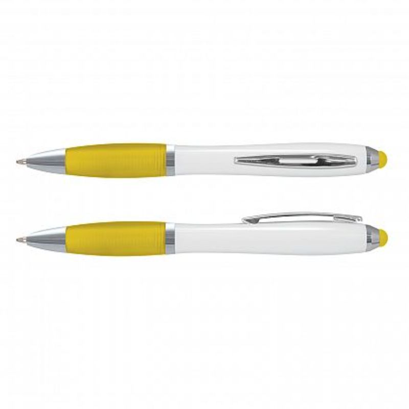 Vistro Stylus Pen set of 100 in white and yellow, featuring a soft-touch grip and chrome trim for writing and touchscreen use.