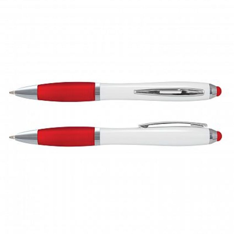 Vistro Stylus Pen set of 100 in white/red, featuring twist-action, soft-touch grip, chrome trim, and built-in stylus.