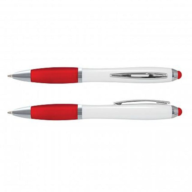 Vistro Stylus Pen set of 100 in white/red, featuring twist-action, soft-touch grip, chrome trim, and built-in stylus.