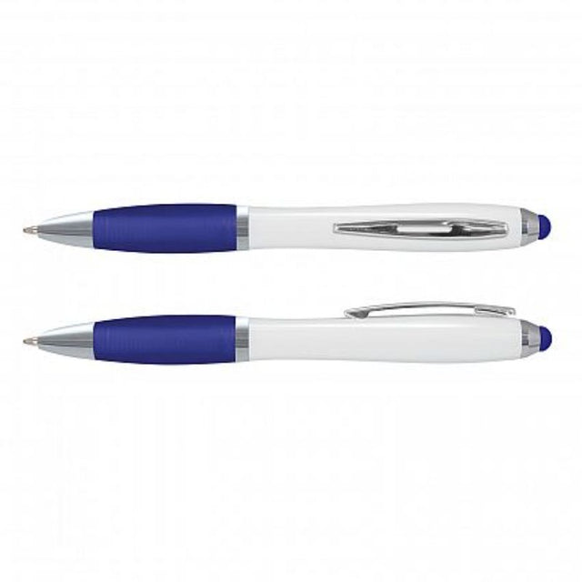 Set of 100 Vistro Stylus Pens in white and dark blue, featuring a twist action, soft-touch grip, and built-in stylus for touch screens.