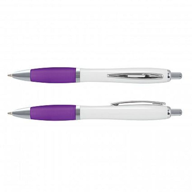 Set of 100 Vistro Pens in white and purple, featuring a soft-touch grip, chrome trim, and smooth German ink for reliable writing.
