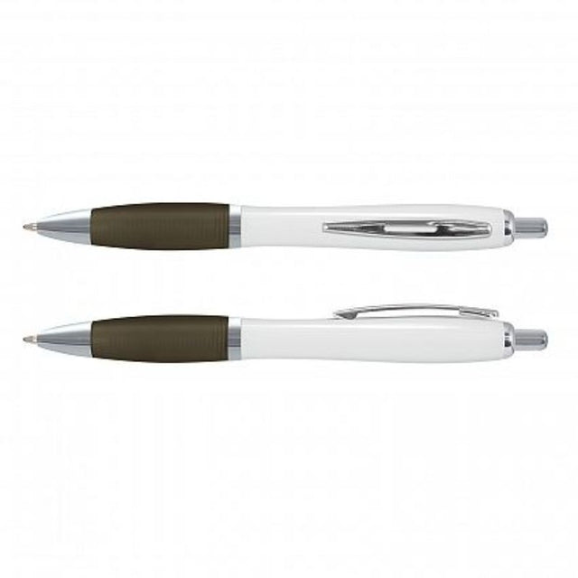 Set of 100 sleek retractable Vistro Pens in white and black with soft-touch grip and high-quality black ink.