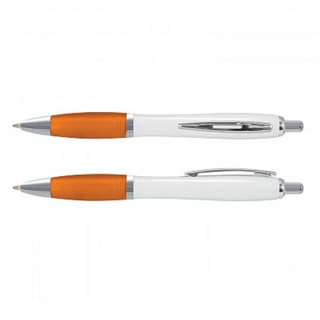 Set of 100 Vistro pens in white and orange, featuring a soft-touch grip and chrome trim for comfort and style.