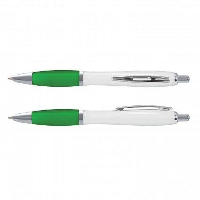 Vistro Pen set of 100 featuring white barrel, dark green accents, soft-touch grip, and chrome trim for elegant writing.