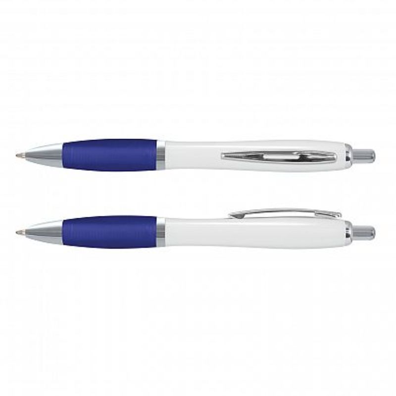Vistro Pen set of 100 features white and dark blue retractable pens with soft-touch grip and chrome trim for comfortable writing.
