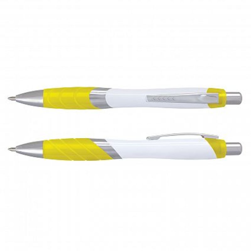 Bulk set of 100 Borg Pens featuring a white barrel, yellow accents, and soft-touch grip for comfortable writing.