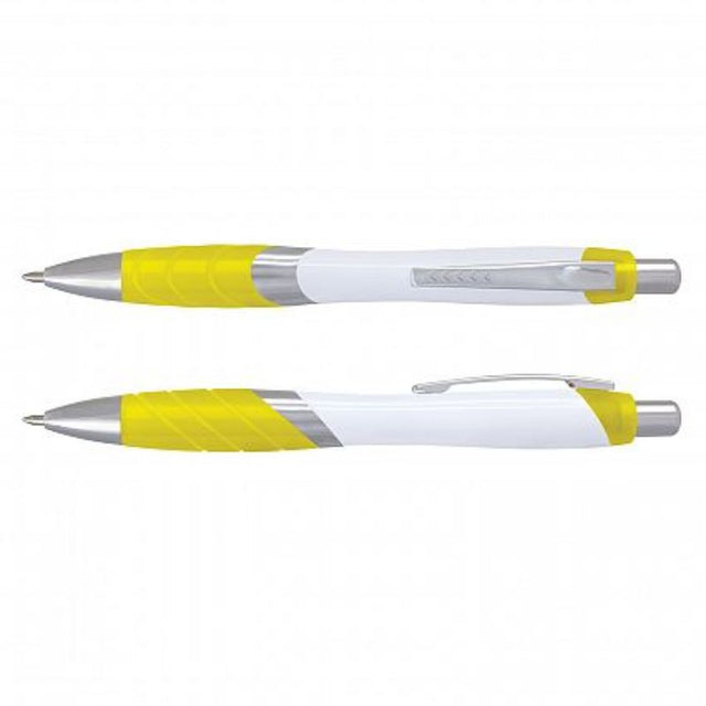 Bulk set of 100 Borg Pens featuring a white barrel, yellow accents, and soft-touch grip for comfortable writing.