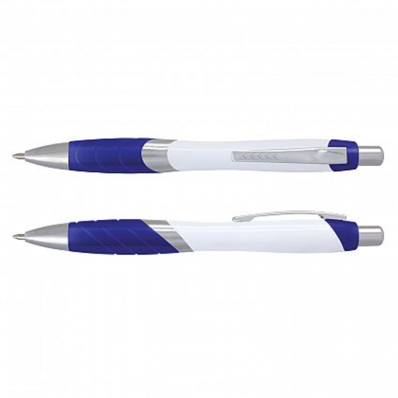 Set of 100 Borg Pens in white and dark blue, featuring retractable design, soft-touch grip, and premium ink for quality writing.