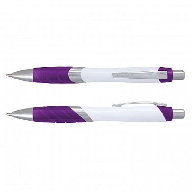 Set of 100 Borg Pens featuring a white barrel, purple grip, and chrome trim for smooth, stylish writing.