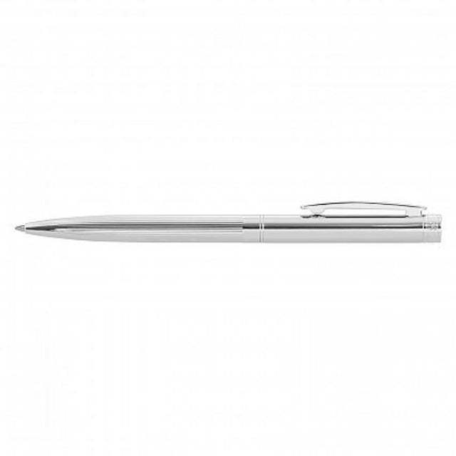 Set of 6 elegant silver ballpoint pens with twist action, guilloche engraving, and high-capacity black refills for smooth writing.