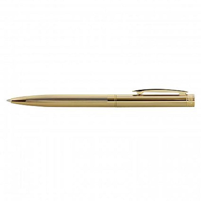 Set of 6 luxurious gold twist action brass ballpoint pens with decorative engravings and premium ink for smooth writing.