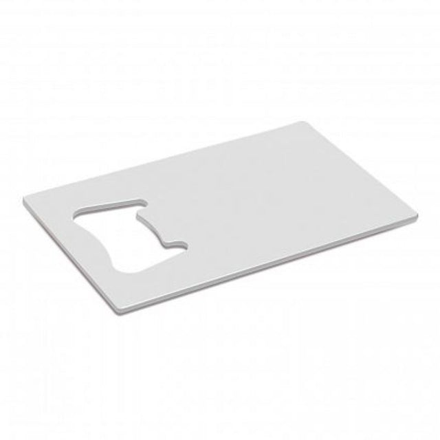 Fiesta white bottle opener set of 30, credit card-shaped stainless steel, perfect for parties and events.