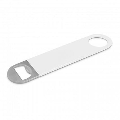 Large white stainless steel bottle opener with soft-touch coating, sold in a set of 30 units.