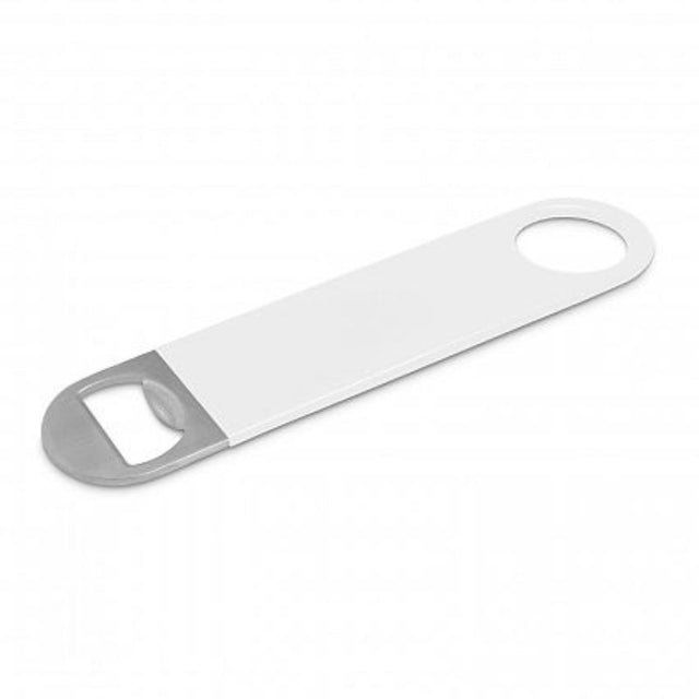 Large white stainless steel bottle opener with soft-touch coating, sold in a set of 30 units.