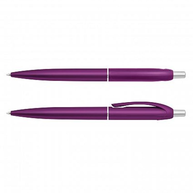 Set of 100 retractable metallic purple pens with chrome accents, featuring smooth Dokumental ink and ergonomic design.