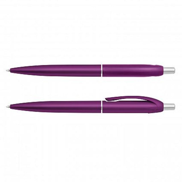 Set of 100 retractable metallic purple pens with chrome accents, featuring smooth Dokumental ink and ergonomic design.