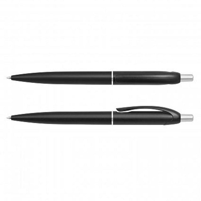 Set of 100 sleek metallic black retractable pens with chrome accents, featuring smooth German ink and long-lasting performance.
