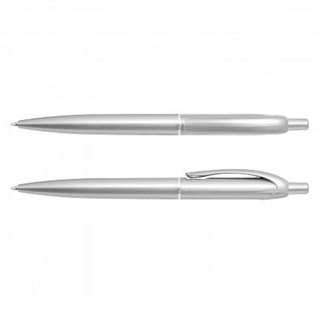 Set of 100 retractable metallic silver pens with chrome accents, smooth writing, and durable design for elegant stationery use.