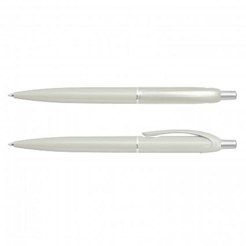 Set of 100 sleek metallic white retractable pens with chrome accents and smooth-writing Dokumental ink.