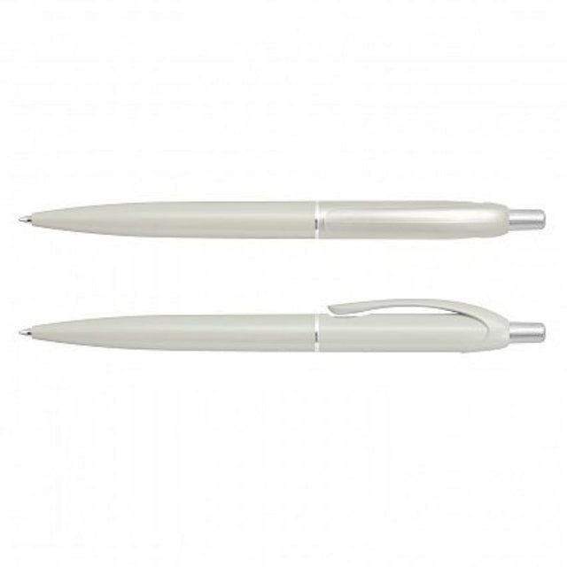 Set of 100 sleek metallic white retractable pens with chrome accents and smooth-writing Dokumental ink.