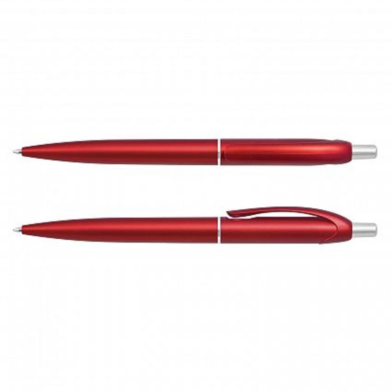 Metallic red retractable ballpoint pen set of 100, featuring chrome accents and smooth writing with German ink.