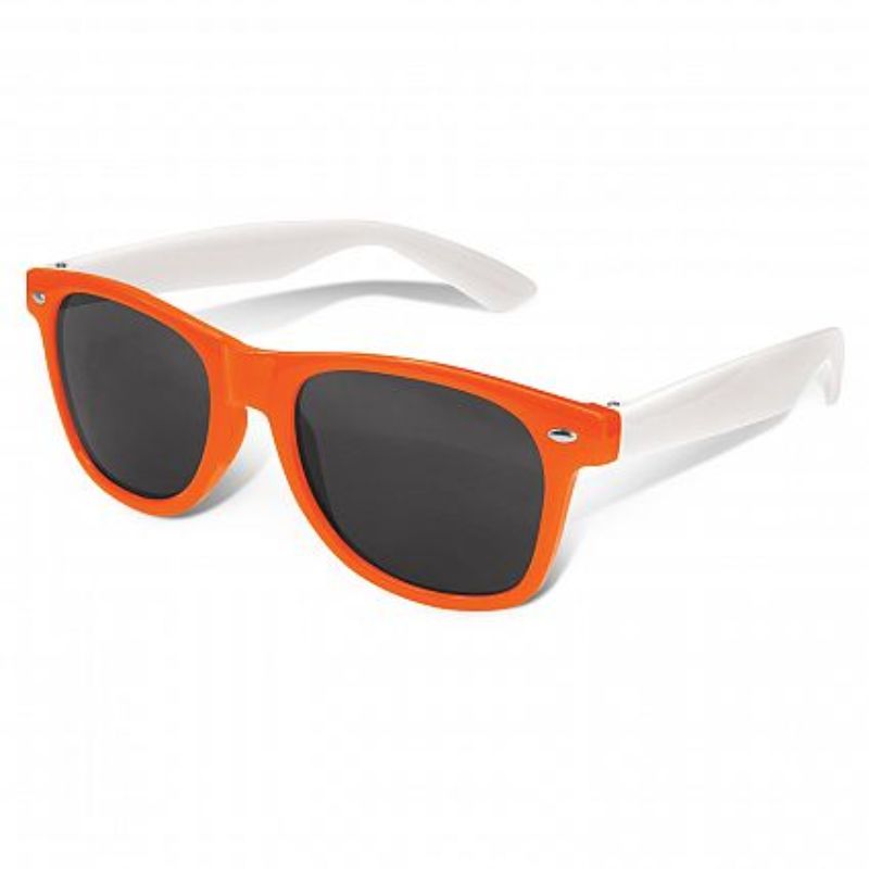 Set of 30 Malibu Premium Sunglasses with orange and white arms offering stylish UV400 eye protection for summer fun.