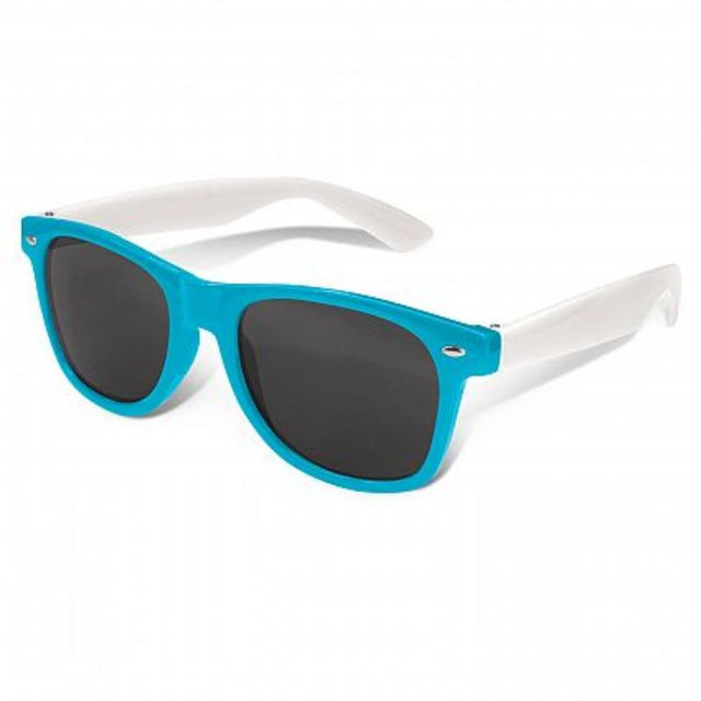 Light blue sunglasses with white arms, featuring UV400 protection, impact-resistant frame, set of 30 for summer events.