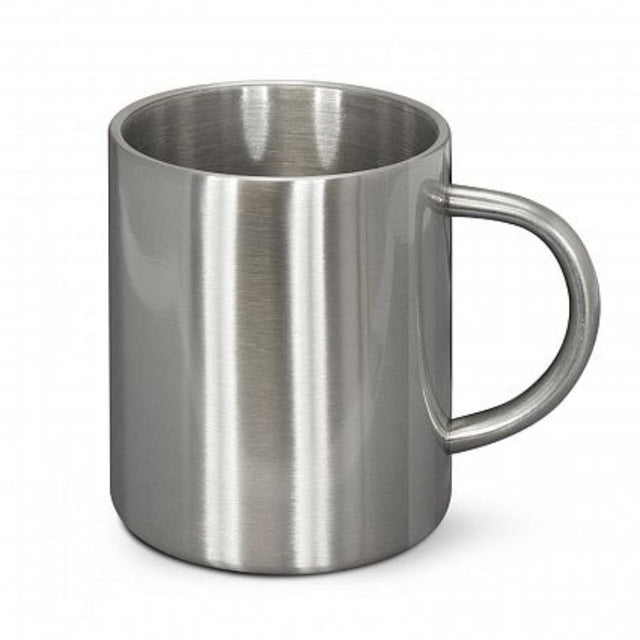 Set of 6 silver Thermax coffee mugs, stainless steel, 400ml capacity, double wall design keeps drinks hot longer.