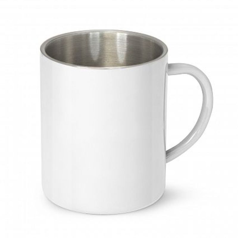 Set of 6 white Thermax coffee mugs made from BPA-free stainless steel, designed to keep drinks hot longer.