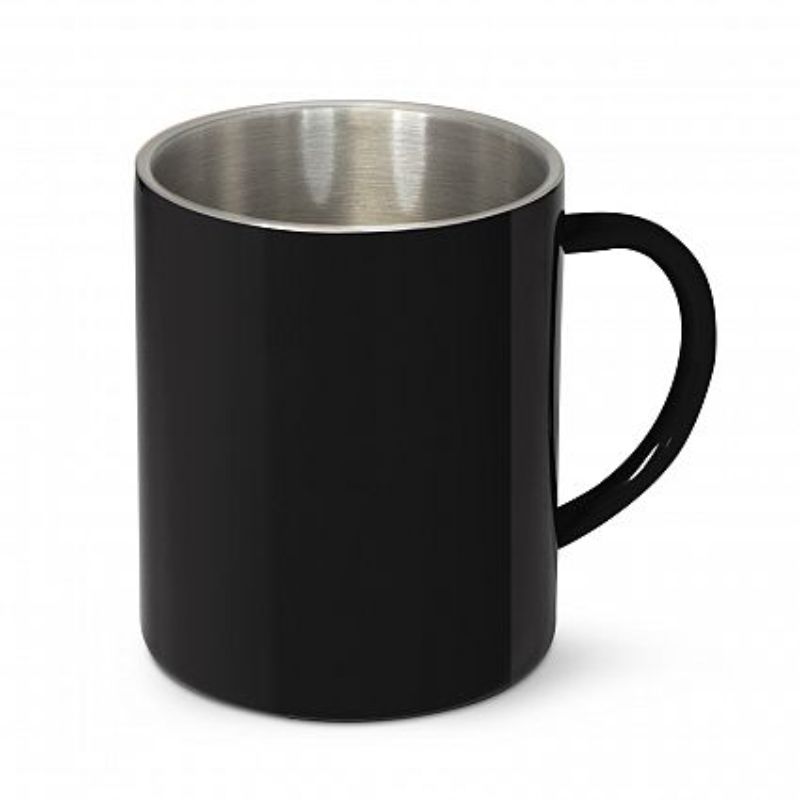 Set of 6 black Thermax coffee mugs, double wall stainless steel, 400ml, ideal for keeping drinks hot and cool to touch.