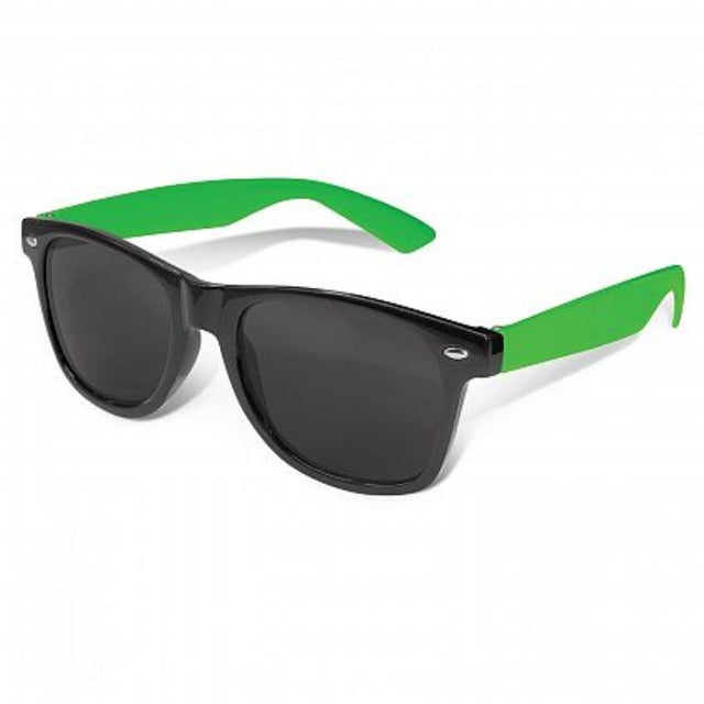 Malibu Premium Sunglasses in black and bright green, impact-resistant design with UV400 protection, set of 30 for promotions.