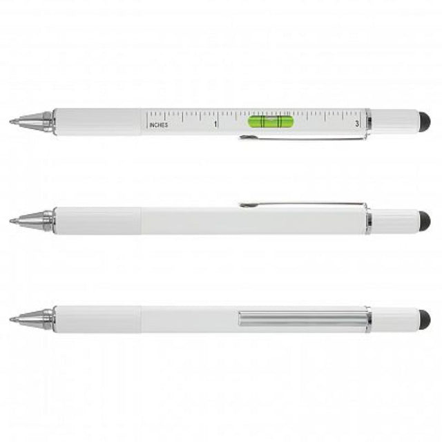 Set of 12 white Concord multi-function pens featuring stylus, ruler, spirit level, and screwdrivers for versatile use.